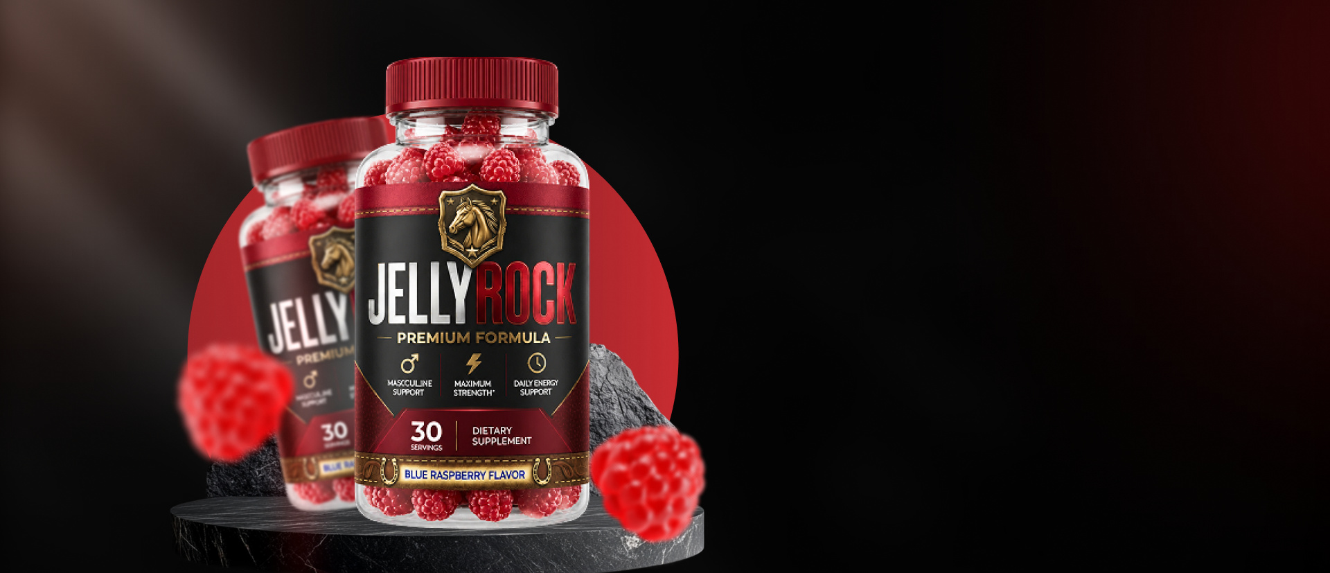 JellyRocke masculine support gummies bottle, blue raspberry flavor